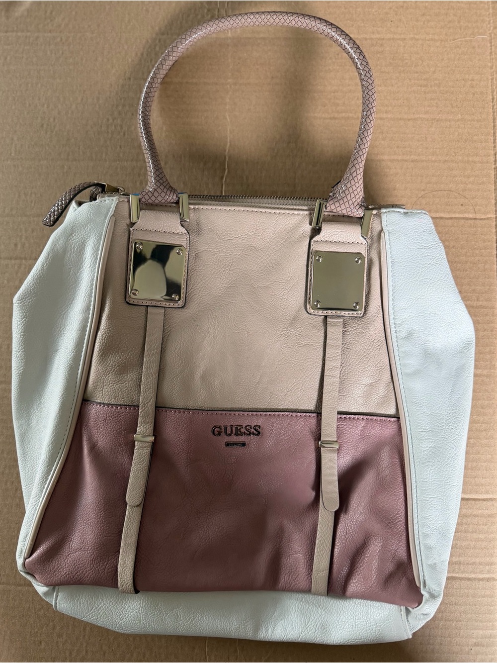 GUESS Tri-Tone Leather Tote in Blush, Mauve & Cream